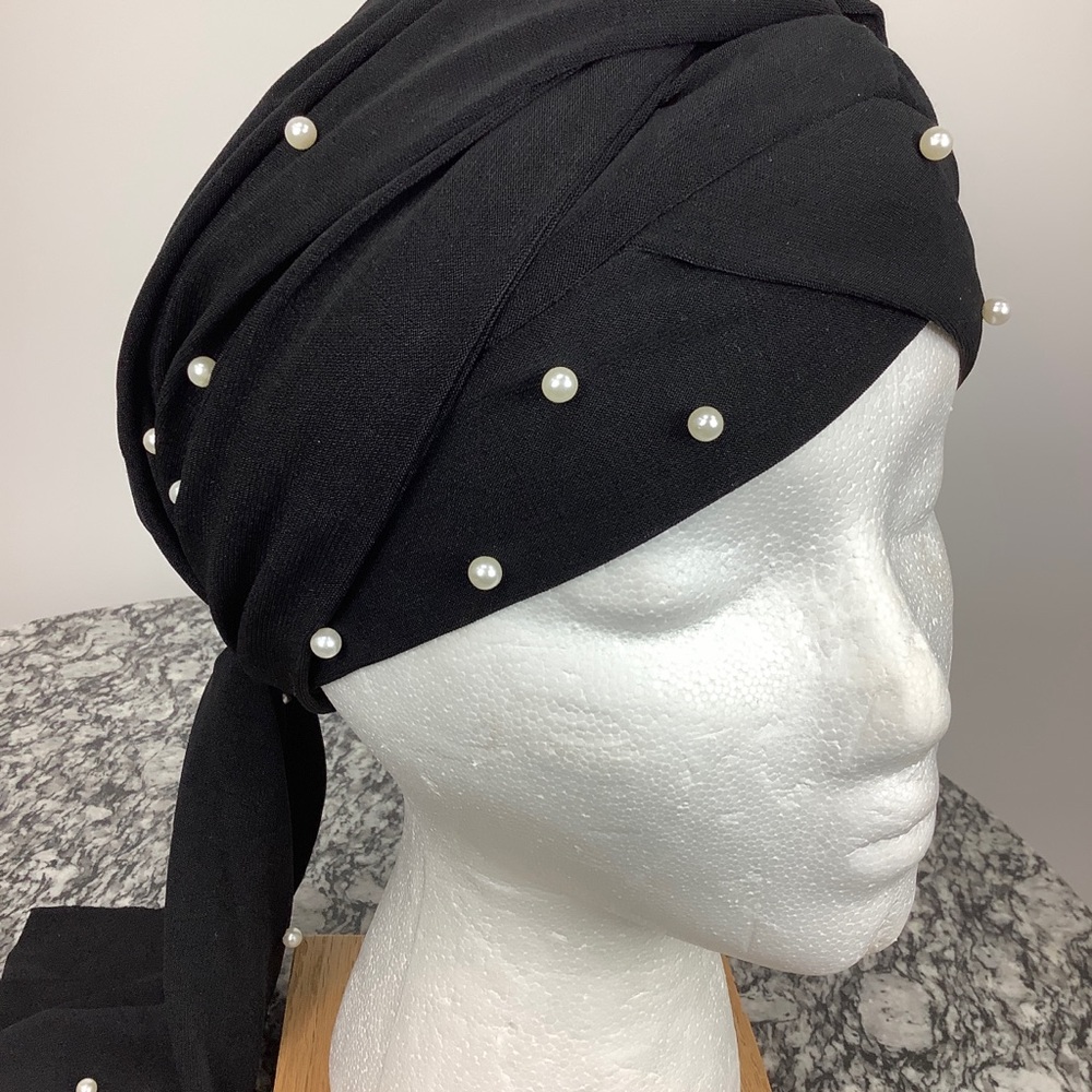 Black with Pearl Accent Fashion Bun Cap Hair Wrap